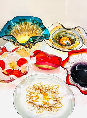 外贸出口果盘孤品样品红蓝绿色系玻璃果篓过年摹刻洒金红色喜庆