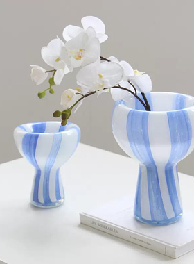 中古风条纹玻璃花瓶摆件客厅插花高级感透明细口花器新中式鲜花瓶