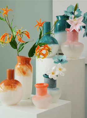 手工磨砂碱面小花瓶干花鲜花花器家居桌面彩蓝色酒店复古摆件