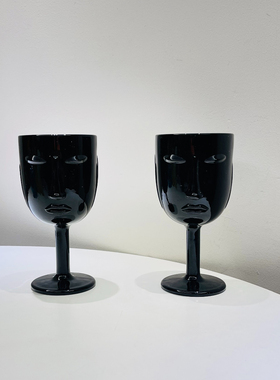 黑色异形人脸高脚红酒杯水杯ins风复古风杯子高级餐具葡萄