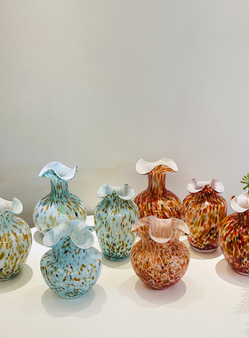 彩点荷叶边玻璃花瓶蓝橙色软装饰品样板间民宿复古ins风