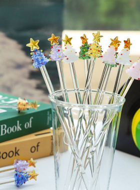 调酒棒圣诞树玻璃搅拌棒可爱创意长柄果汁咖啡加长透明搅拌棒