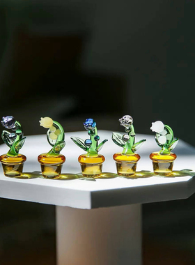 迷你琉璃花朵小摆件创意手工玻璃铃兰盆栽办公室桌面装饰工艺品