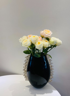 设计师款扁口黑色花瓶金箔点缀复古风格ins花器鲜花家居装饰北欧