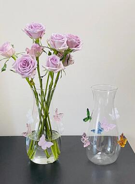 立体蝴蝶花瓶轻奢客厅摆件水培高级感玻璃透明桌面酒壶果汁杯玻璃