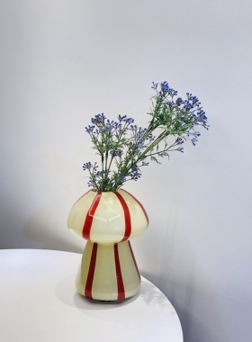 复古中古风蘑菇花瓶奶油色红色条纹外贸出口手工玻璃花器样板间