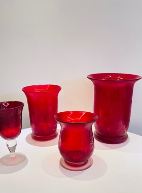 红色风灯款玻璃花瓶外贸出口手工花器敞口刻花高脚杯