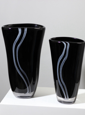 中古风简约现代蓝色水波纹扁口黑色琉璃花瓶样板间家居花艺软装品