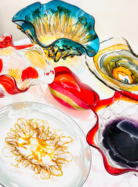 外贸出口果盘样品红蓝绿色系玻璃果篓过年老盘子孤品果篓