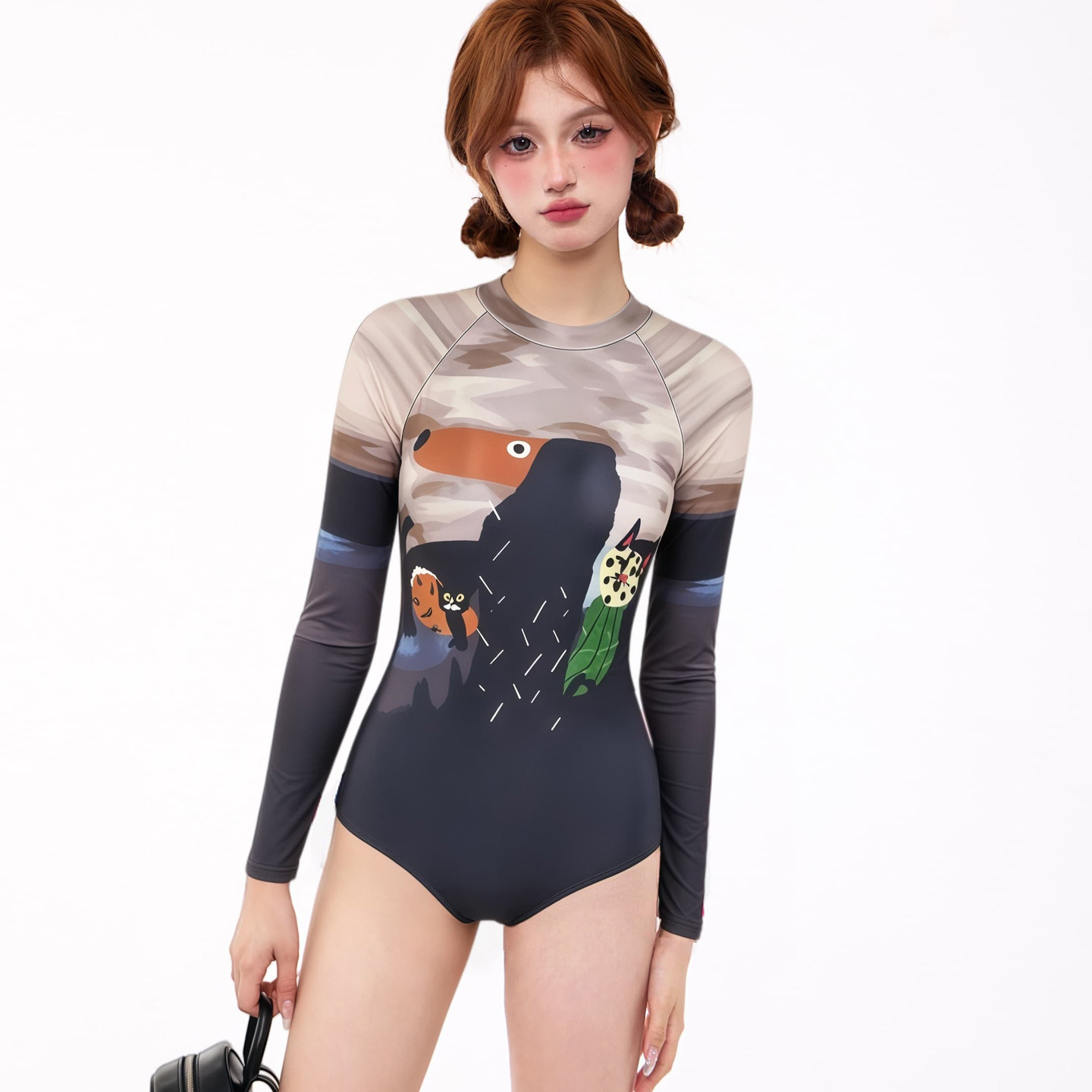 少女漫画泳衣长袖连体保守学生度假漂流游泳装防晒浮潜冲浪服温泉