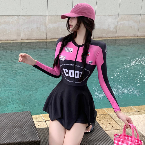 游泳衣女裙式连体修身显瘦遮肚泳装长袖温泉冲浪浮潜沙滩温泉泳装