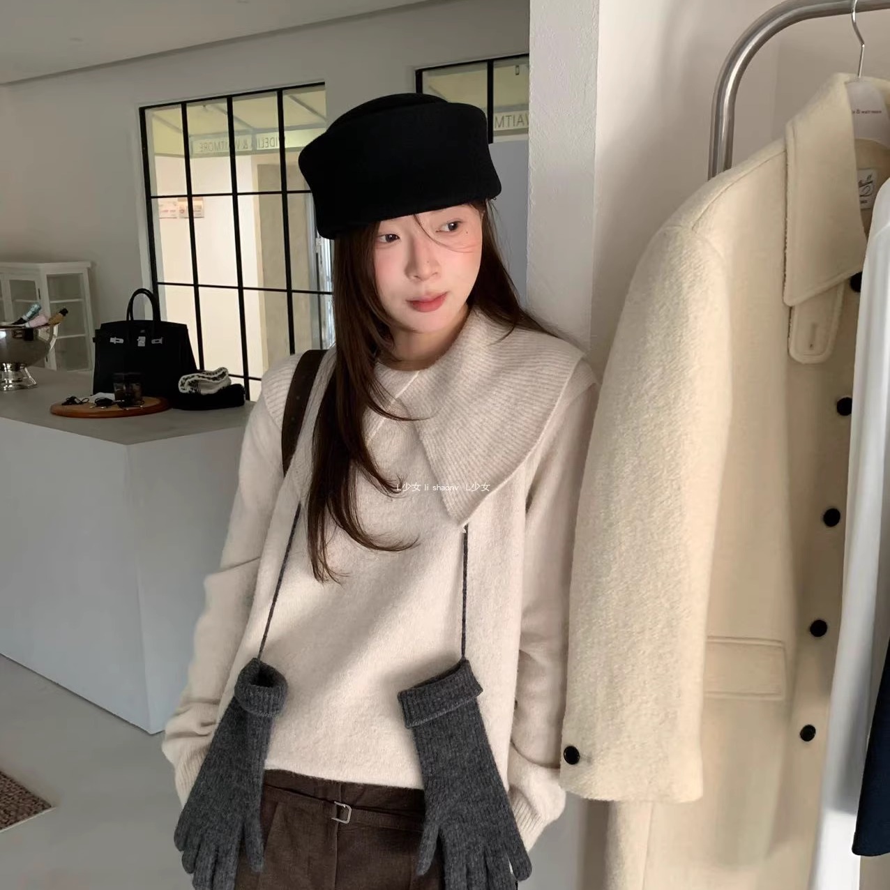 L少女 waitmore围巾领口 设计感针织衫韩系慵懒风毛衣套头BW09025