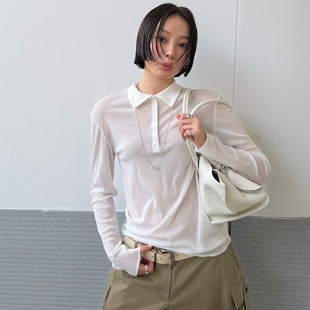 女百搭显瘦气质T恤上衣505126 韩系翻领网纱打底衫 L少女 waitmor