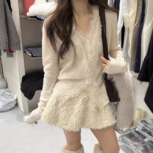 L少女 100%羊毛拉毛蕾丝花边V领针织衫女温柔感V领开衫毛衣外套