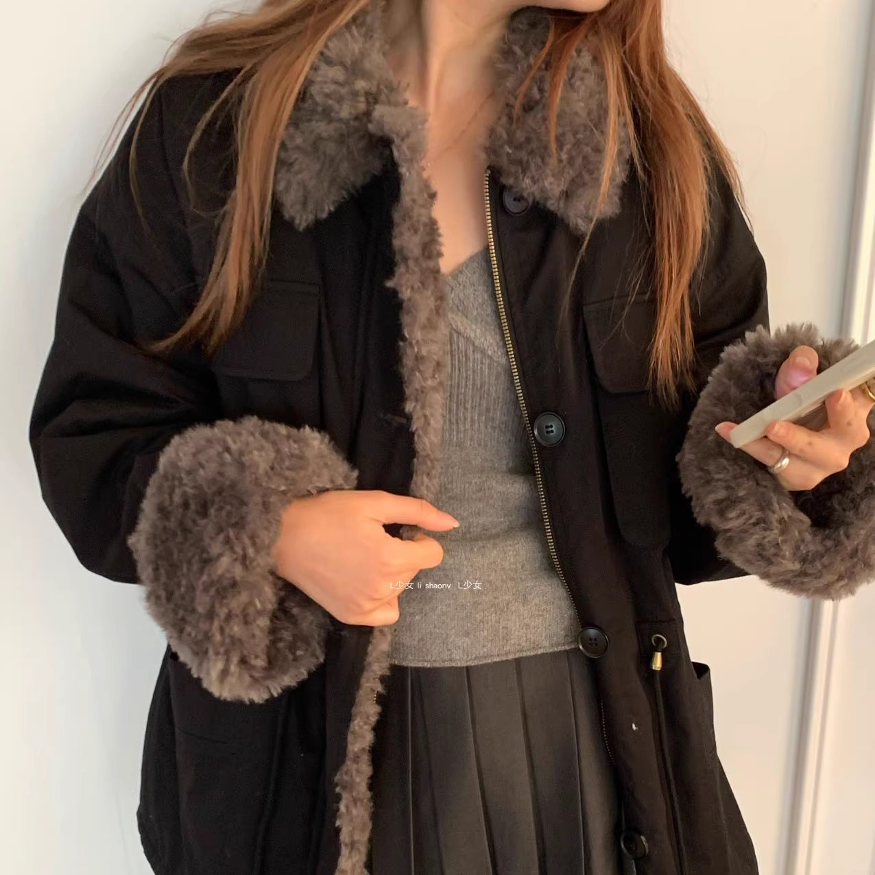 L少女 waitmore复古羊羔毛领派克服女宽松加厚外套通勤棉服628625