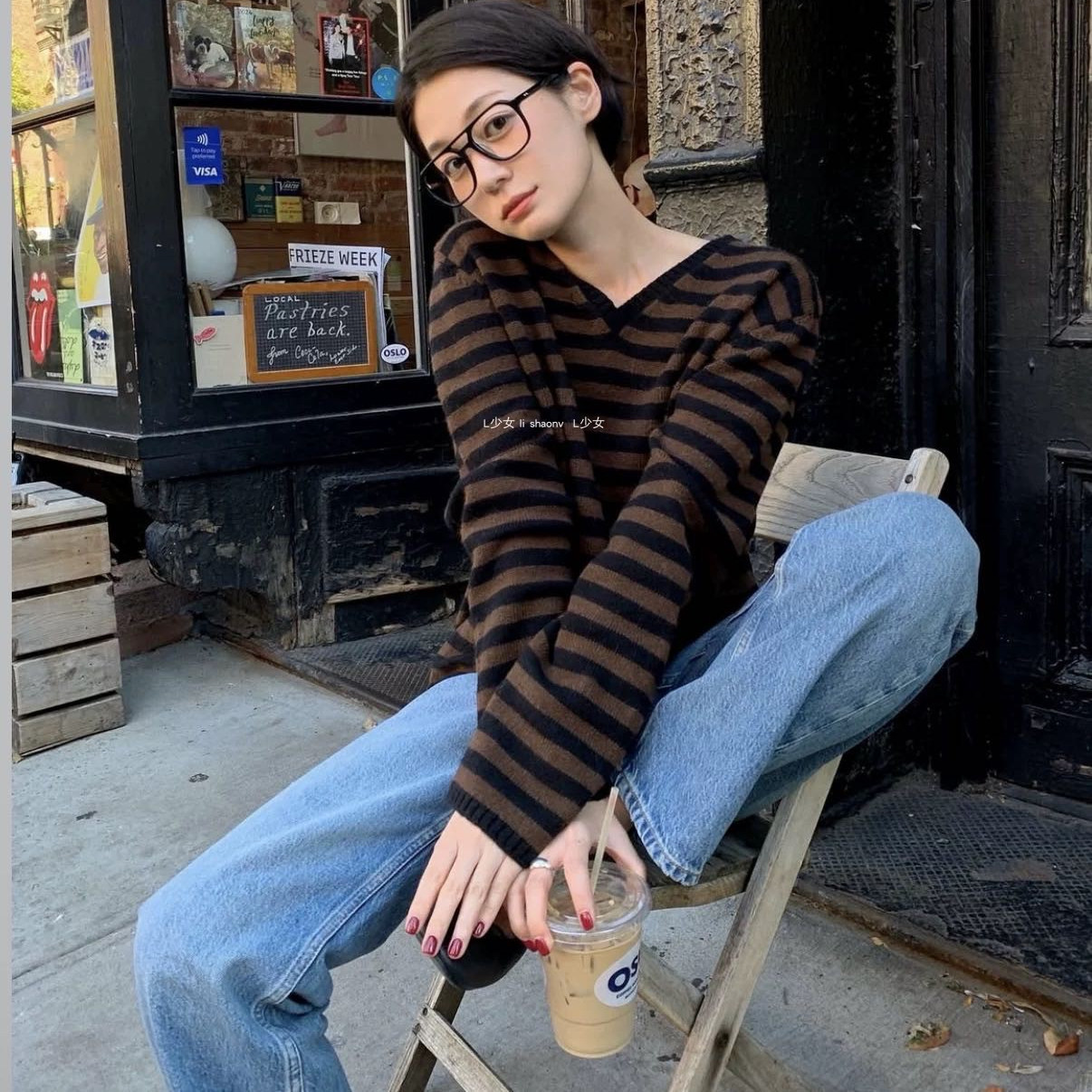 L少女 waitmore慵懒感羊毛条纹衫宽松显瘦V领针织衫女毛衣BW06925