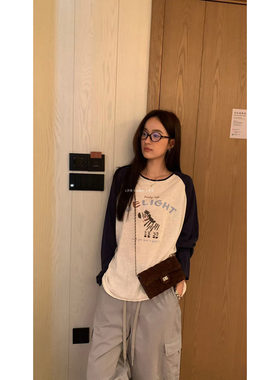 L少女 Tessbrii美式复古撞色拼接插肩袖小马印花T恤女上衣39167