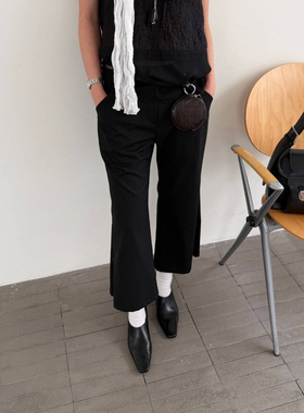 L少女 waitmore时髦小众高腰裤子修身竖条纹休闲开叉微喇九分裤女