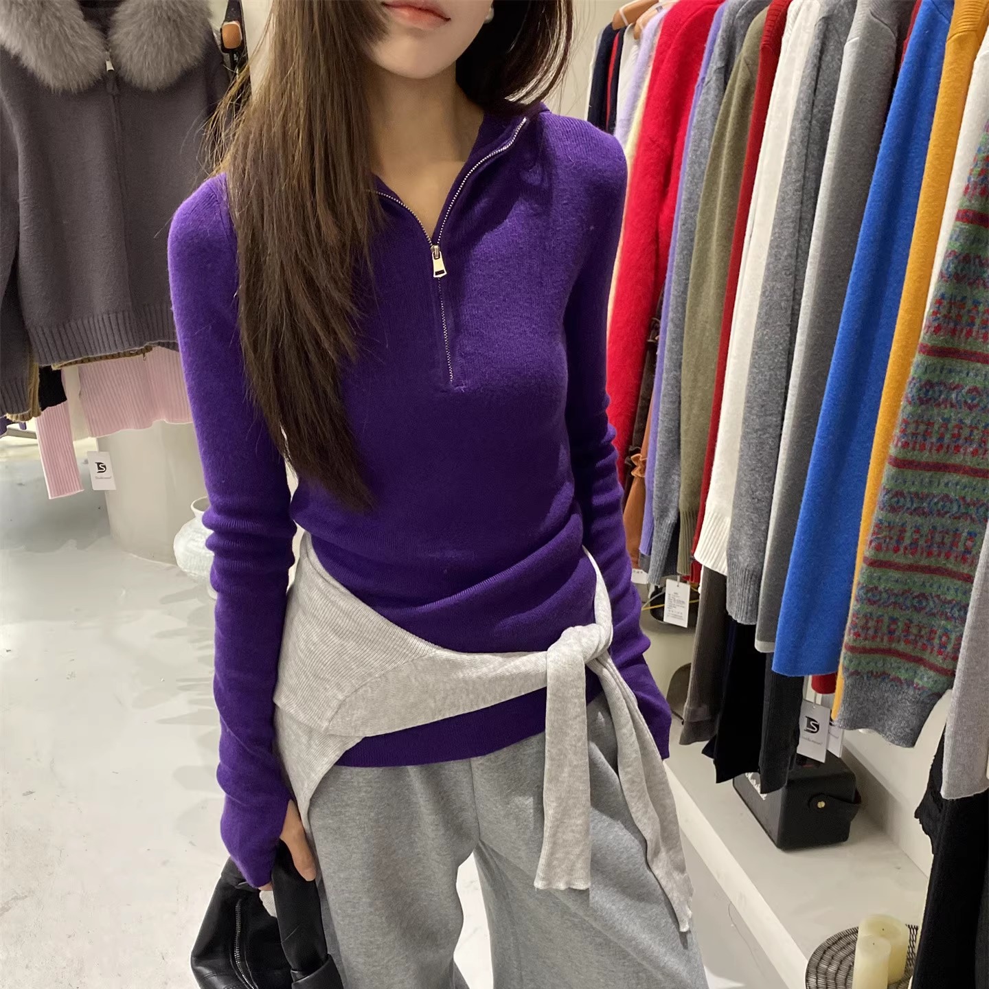 L少女 Doubleseven连帽半拉链针织衫打底内搭修身显瘦百搭毛衣女