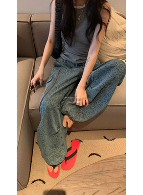 L少女 Tessbrii做旧复古工装牛仔裤女 宽松阔腿拖地裤38877# 