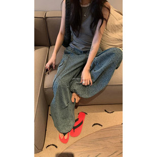 L少女 Tessbrii做旧复古工装牛仔裤女 宽松阔腿拖地裤38877# 