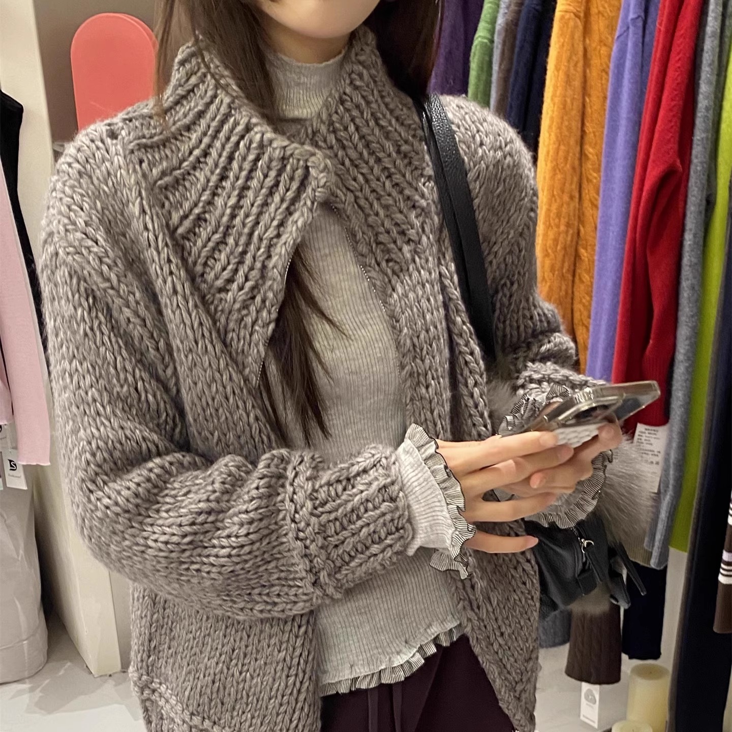 L少女 Doubleseven 双拉链长袖毛衣外套女粗线宽松针织开衫上衣