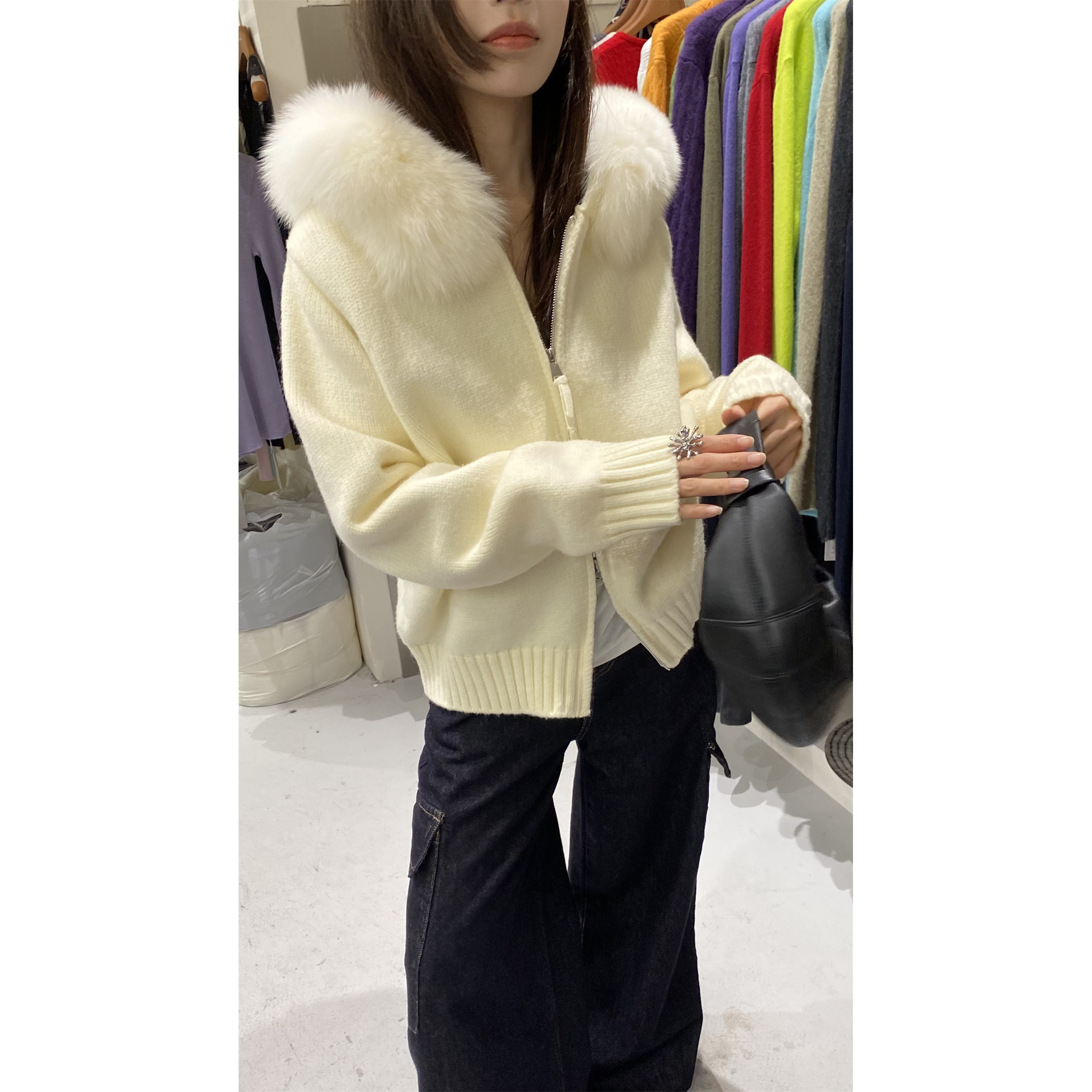 L少女 Doubleseven加厚双拉链连帽大毛领毛衣宽松针织短外套女