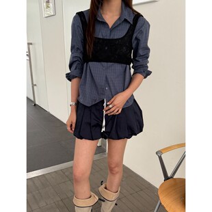 L少女 女百搭叠穿休闲衬衣517826 waitmore韩系复古细密小格子衬衫