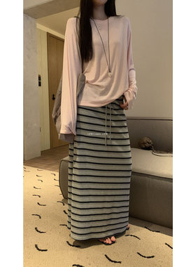 L少女 Tessbrii 撞色条纹长裙 慵懒风针织垂感半身裙包臀裙38993