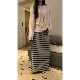 慵懒风针织垂感半身裙包臀裙38993 撞色条纹长裙 L少女 Tessbrii