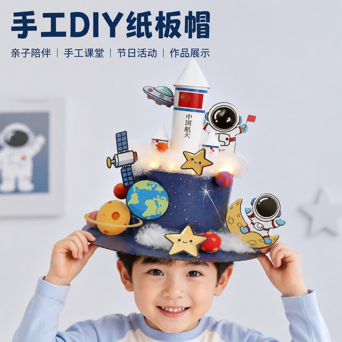 科技小制作手工diy材料ai机器人航天火箭太空纸板帽学生科学作业图片