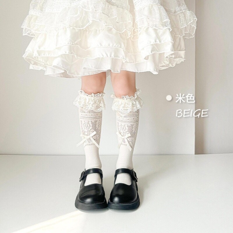 女童长筒袜夏季薄款儿童洛丽塔蕾丝花边公主袜子宝宝小腿JK长袜