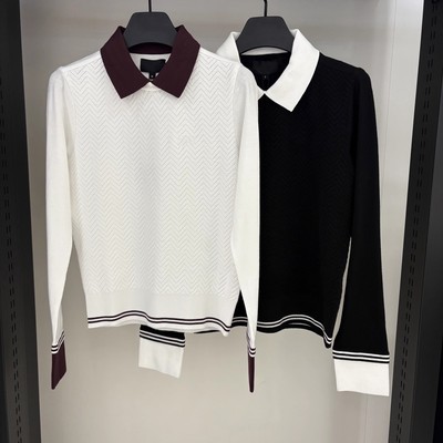 25韩国高尔夫女士早秋翻领长袖针织衫运动保暖拼色舒适上衣打底衫