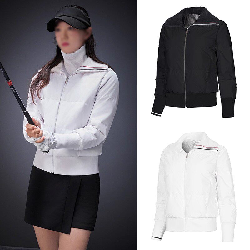 原单高尔夫女士翻领拉链保暖双条纹袖运动上衣羽绒夹克外套