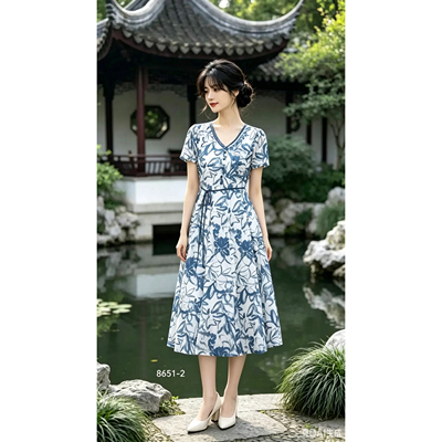 夏季优雅中长收腰显瘦印花连衣裙