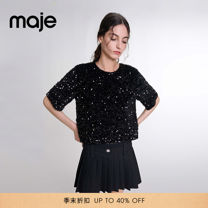 Maje亮片宽松短袖针织上衣