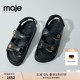 饰方头平底女士皮凉鞋 Maje2025春夏女士时尚 休闲黑色搭扣四叶草装