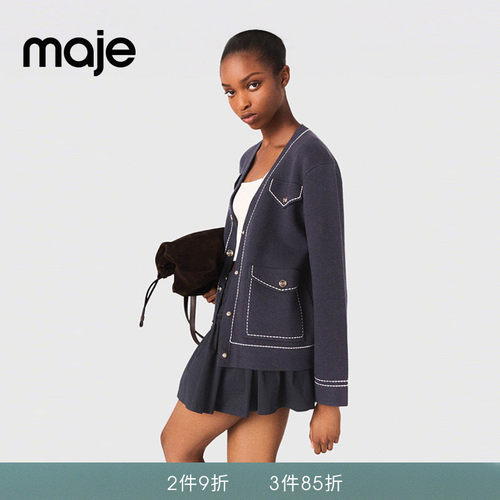 Maje时尚V领长袖短款针织上衣