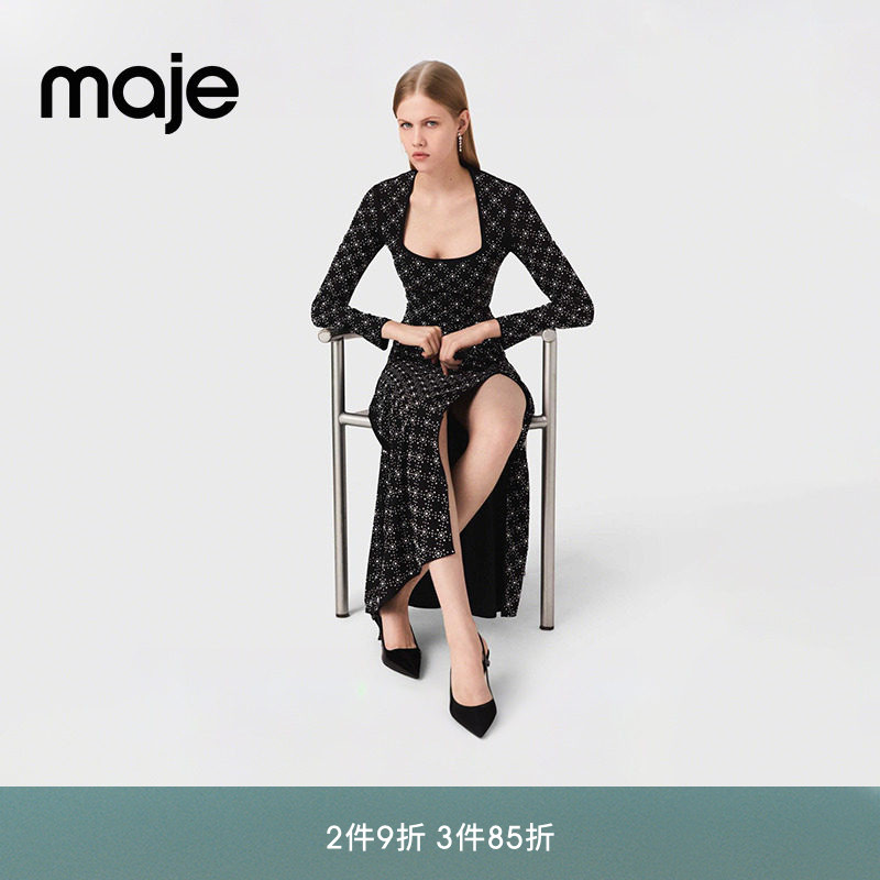 Maje春夏女装法式时尚黑色仿钻饰直身垂坠侧开衩方领长款连衣裙图片
