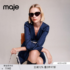 Maje春夏时尚经典女装法式优雅洋气灯笼袖V领收腰裙A字连衣裙短裙