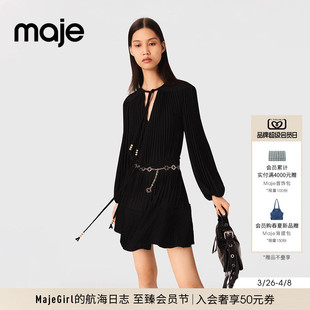 短款 Maje2025秋冬款 连衣裙 黑色V领风琴褶系带长袖 时尚 女装 法式