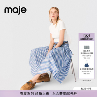 时尚 Maje2026早春新款 女装 法式 半身裙 蓝白格纹仿钻饰松紧腰长款