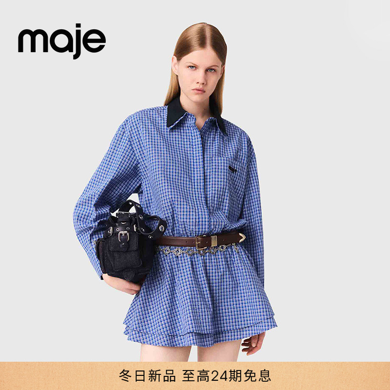 Maje时尚格子衬衫短款收腰连体裤