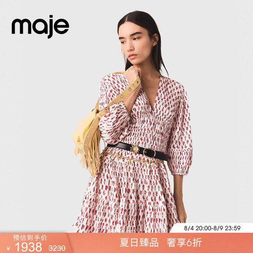 Maje印花V领灯笼袖连衣裙