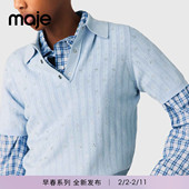 新款 天蓝色仿钻装 女装 Maje2026春季 法式 时尚 饰短袖 翻领针织上衣