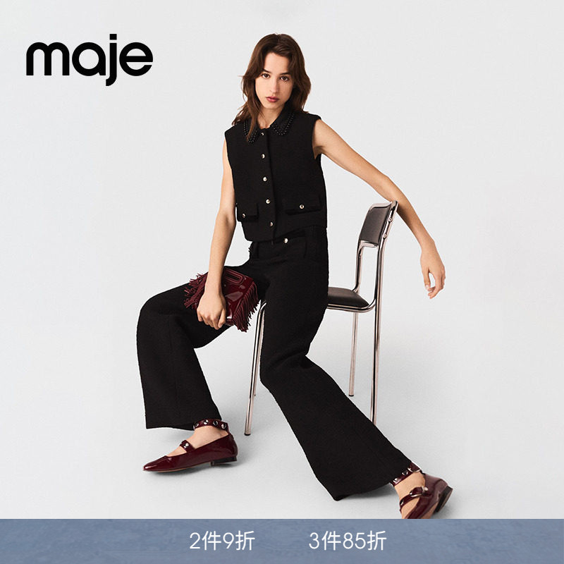 Maje春夏款女装法式时尚气质黑色金色纽扣口袋高腰阔腿休闲长裤