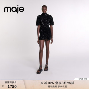 法式 饰短款 时尚 亮片装 针织连衣裙 黑色半高领泡泡袖 Maje秋冬女装