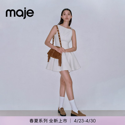 Maje法式船形领粗花呢无袖溜冰裙