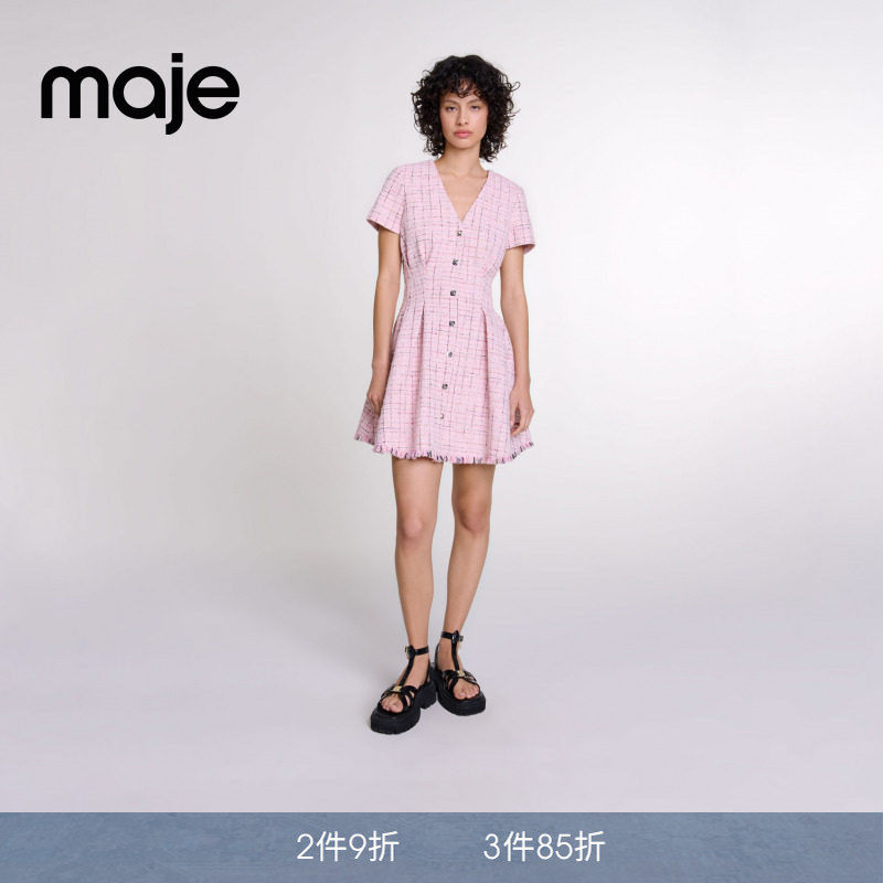 Maje春夏女装法式简约时尚优雅格纹V领短款收腰修身花呢连衣裙 - 实物图