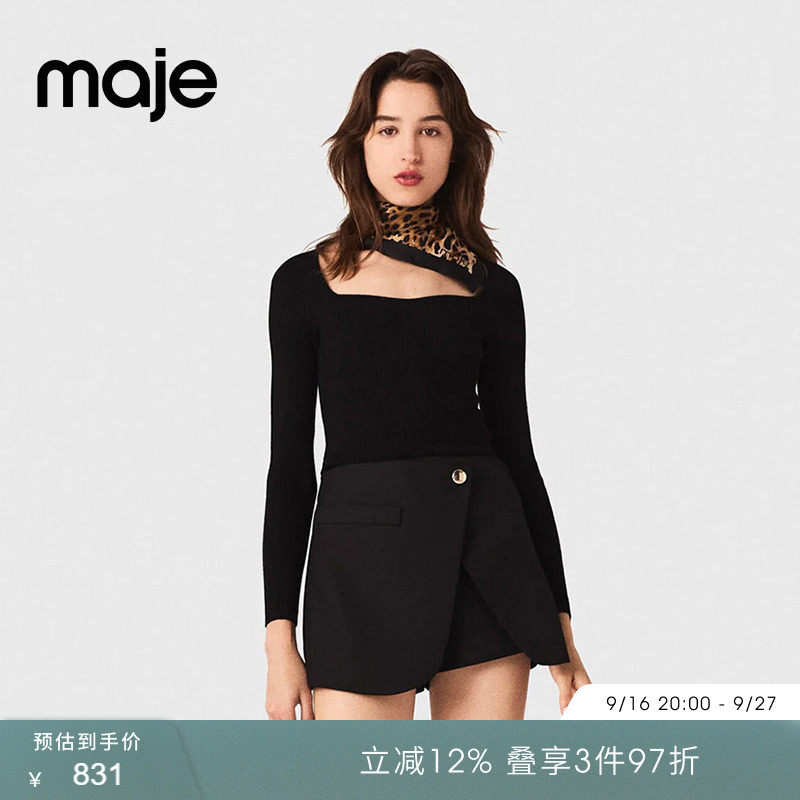 Maje秋冬女装法式时尚气质优雅羊毛混纺黑色方领长袖短款针织上衣图片